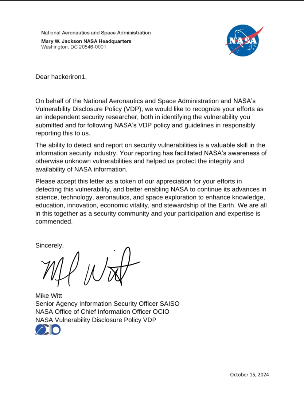 NASA VDP Certificate